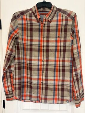 The North Face Men's Plaid Button-Down Shirt in Beige, Orange & Burgundy. Medium